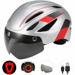 ASUPERMALL Les Hommes Et Les Femmes De Casque D'Equitation Visiere De Casque Etanche Rechargeable Amovible Retro-Eclairage, Rouge Argent