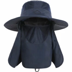 ASUPERMALL Chapeau De Soleil A Larges Bords Avec Couvre-Cou Et Ecran Facial Amovibles, Chapeau De Soleil Avec Rideau Tombant De 10 Cm, Bleu Fonce