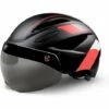 TINOR Casque De Vélo Avec Protection Des Yeux Feu Arrière à LED Câble De Chargement USB Pare-Soleil Amovible Lunettes Magnétiques Casque Réglable Respirant Pour Femmes Et Hommes 52-61cm (Rouge) -Protection auditive et tête Soldes 2022 48339272 1
