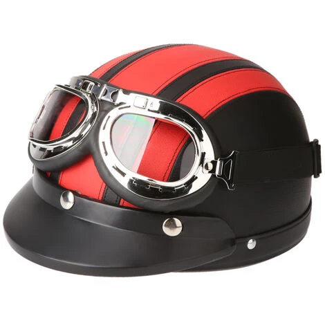 SUPERSELLER Casque Moto Scooter Demi-visage En Cuir Avec Visière Lunettes UV Style Rétro Vintage 54-60cm - Rouge 3 SUPERSELLER Casque Moto Scooter Demi-visage En Cuir Avec Visière Lunettes UV Style Rétro Vintage 54-60cm - Rouge