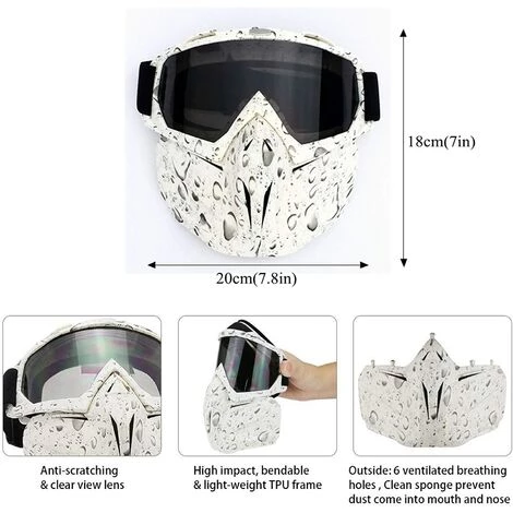 ILOVEMILAN Lunettes De Moto Masque Facial Détachable Casque Anti-buée Coupe-vent Verres De Vélo Pour Le Dessert Hors Route Équitation Courses Convient Aux Hommes Femmes(Blanc) 4 ILOVEMILAN Lunettes De Moto Masque Facial Détachable Casque Anti-buée Coupe-vent Verres De Vélo Pour Le Dessert Hors Route Équitation Courses Convient Aux Hommes Femmes(Blanc) – Image 2