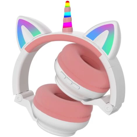 GroupM Oreilles De Chat De Dessin Animé Mignon Brillant Subwoofer Sans Fil Licorne Casque Bluetooth Casque (rose Blanc) 4 GroupM Oreilles De Chat De Dessin Animé Mignon Brillant Subwoofer Sans Fil Licorne Casque Bluetooth Casque (rose Blanc) – Image 2