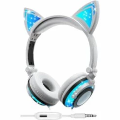 ILOVEMILAN écouteurs Filaires Avec Microphone Pour Enfants Filles Garçons, Casque D'écoute De Cadeau De Chat Kitty à LED Stéréo Réglable On-Ear (Blanc)