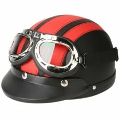 LIFCAUSAL Casque Moto Scooter Open Face Demi Cuir Avec Visière Lunettes UV Style Rétro Vintage 54-60cmv Rouge