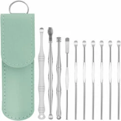 WAHAISON Kit De Retrait De Cérumen Pour Oreille, Ensemble D'outils De Nettoyage De Cire D'oreille En Acier Inoxydable Avec Sac De Rangement, 10 Pièces Outil De Nettoyage D'oreille Pour Enfants Adulte,vert